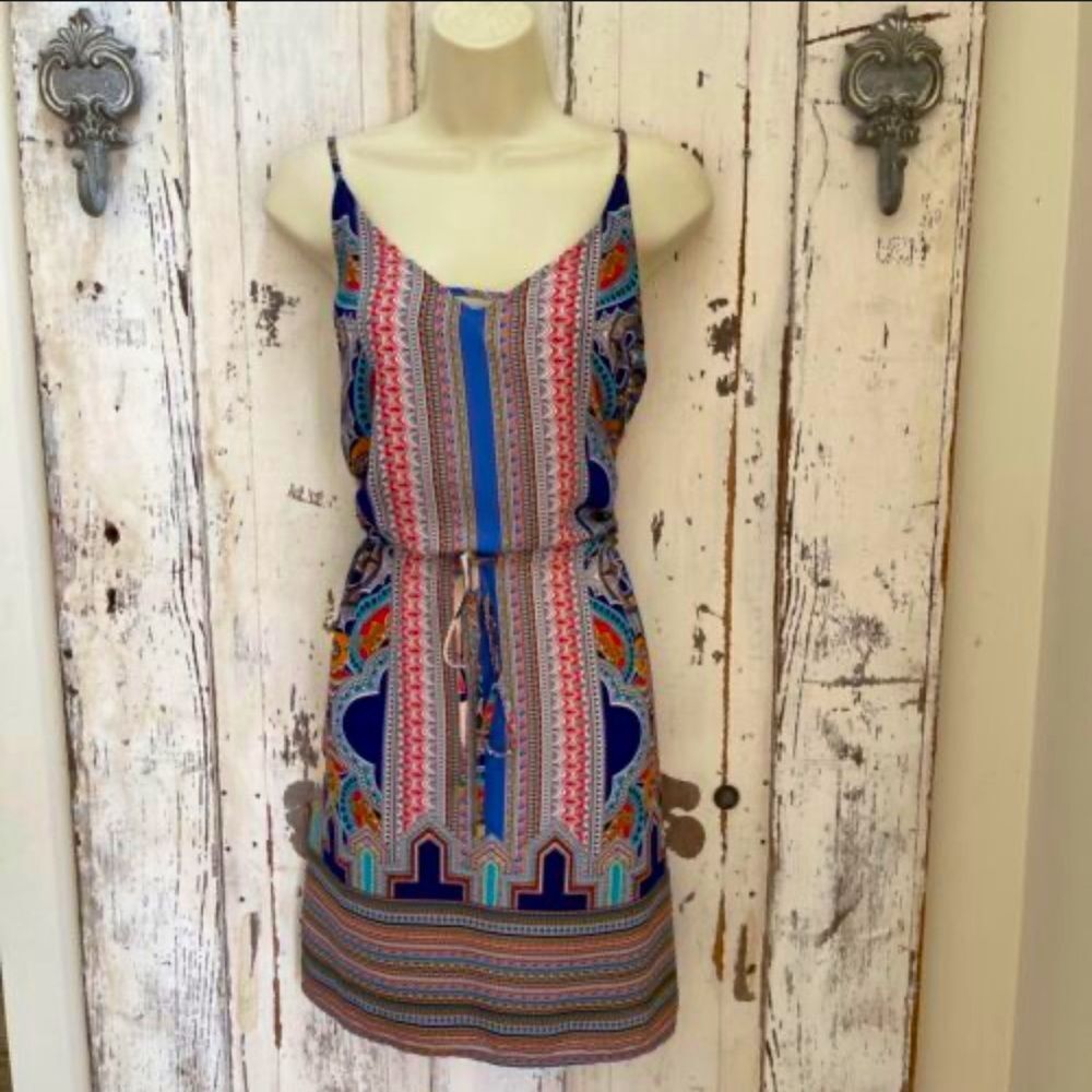 Anthropologie Lucy and Laurel Colorful Drawstring Dress Geometrical Patt…